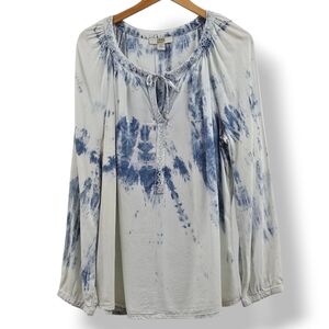 Vintage America Blue Off White Tie Dye Blouse Size L Embroidery Tie Neck Boho